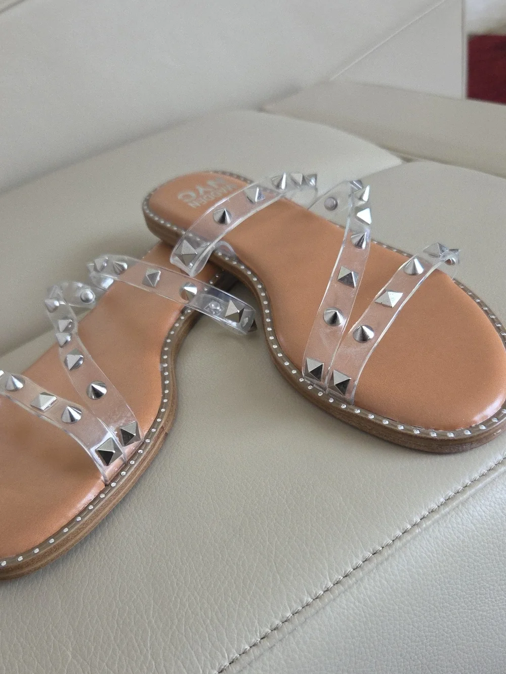 Steve Madden Clear Studded Slide Sandals in Tan